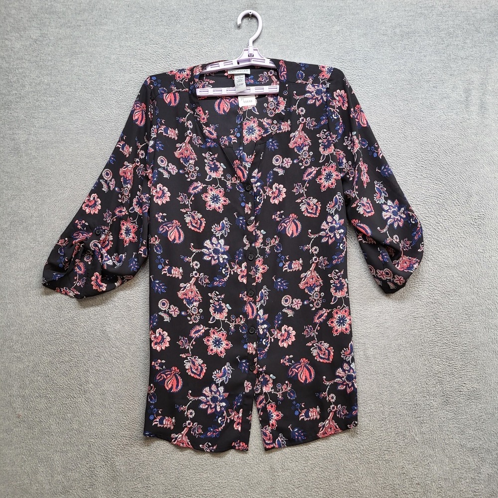 Catherines Women Top 1X Black Floral Blouse Tunic Button Front 3/4 Sleeve